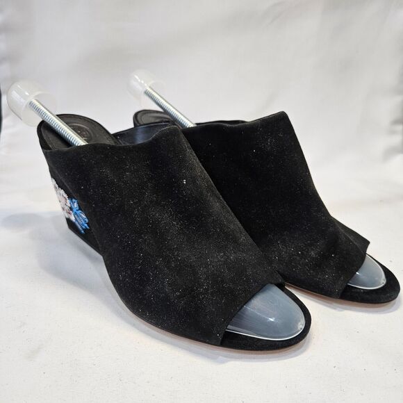 Tory Burch Womens Suede Leather Floral Embroidered Mules 8M Black Boho Slip On - Picture 1 of 12
